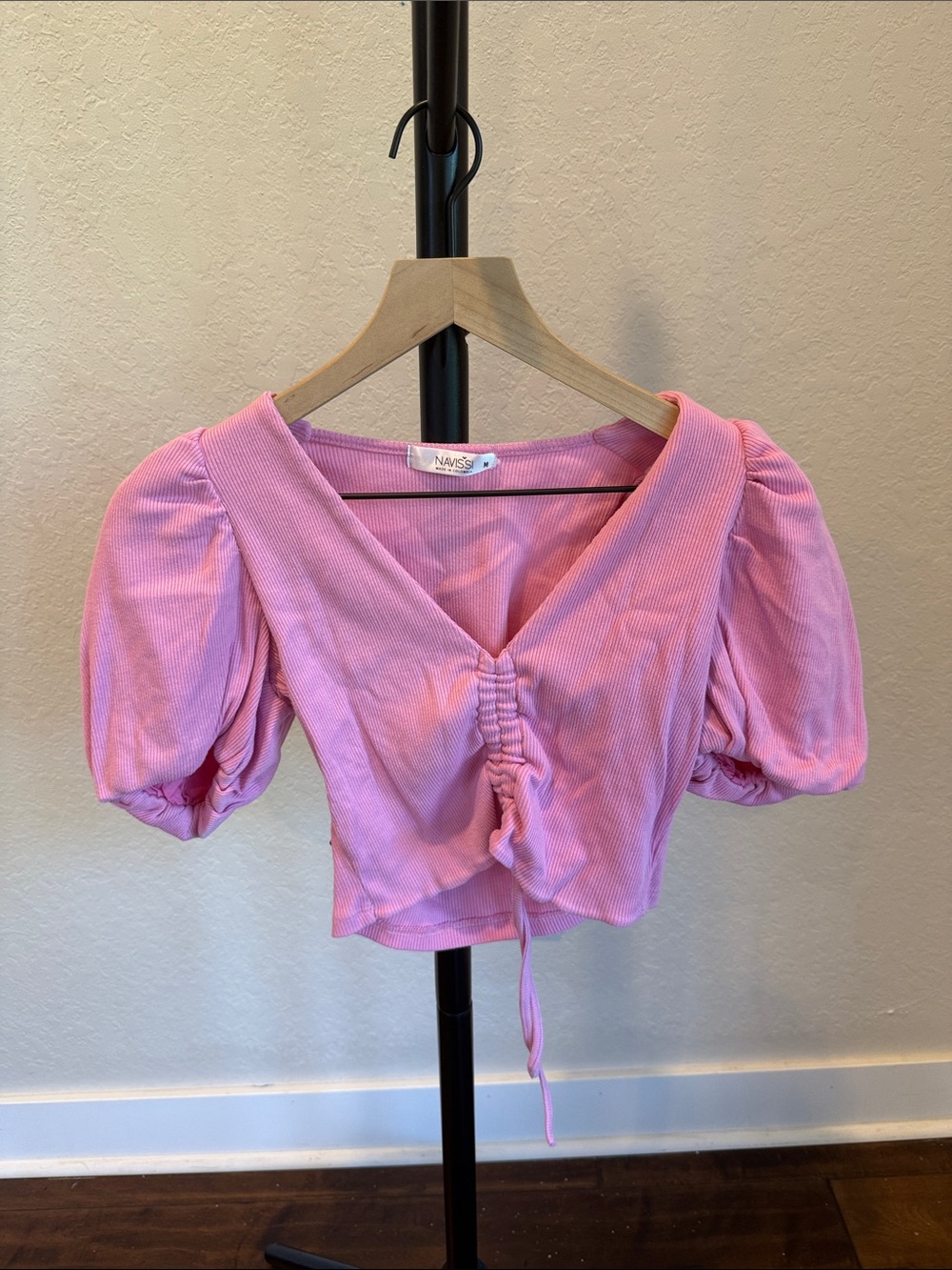 ISSI Pink Ruched V-Neck Puff Sleeve Crop Top with Drawstring